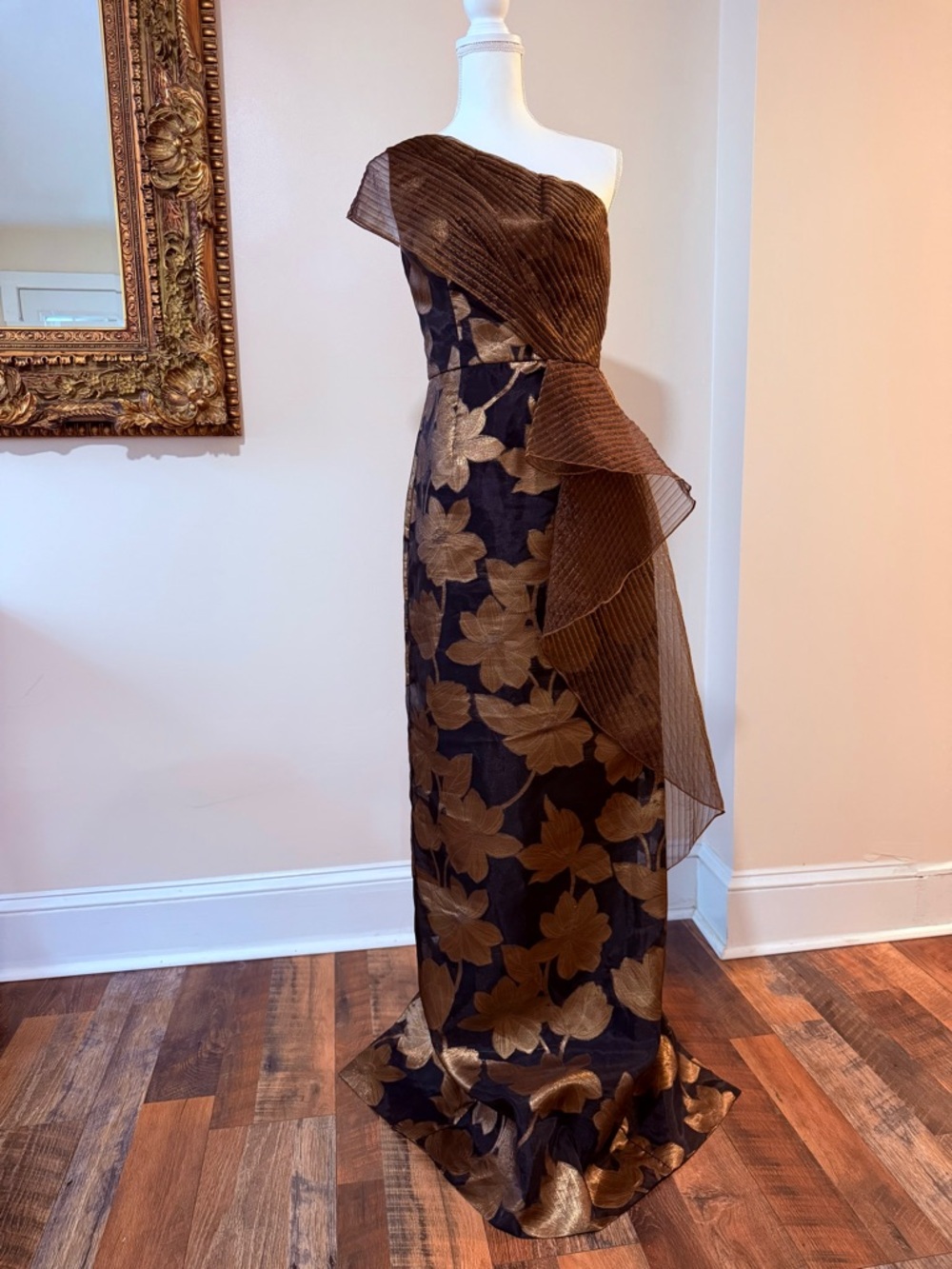 Theia One-Shoulder Black and Gold Floral Evening Gown - Picture 3 of 8